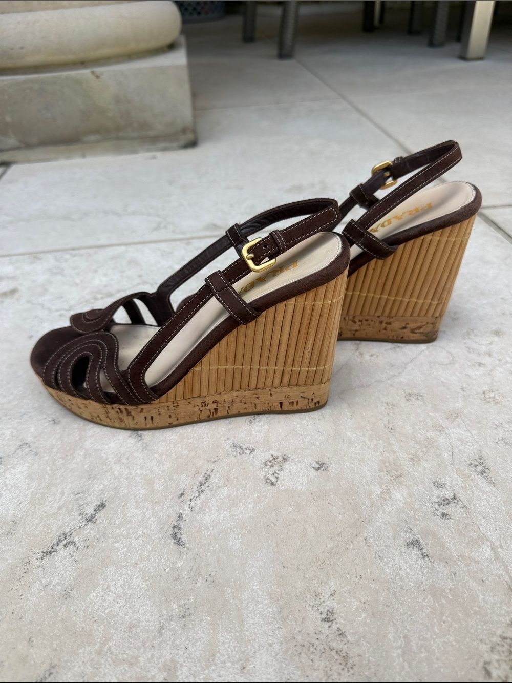 Prada Dark Brown Suede Slingback Heels with Gold Buckles - Picture 2 of 5